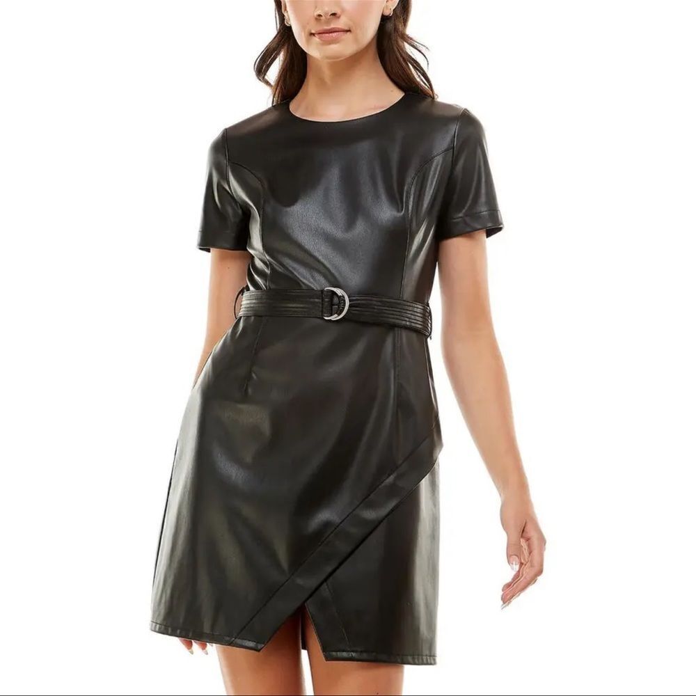 Planet Gold Faux Leather Mini Dress Black L NWT IN PACKAGE